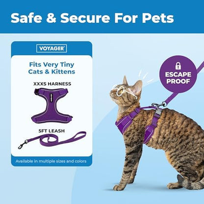 Voyager Escape-Proof Step-in Lock Cat Harness & 5ft Neoprene-Handle Leash Set All-Weather Mesh with Reflective Stitching for Small to Large Cats by Best Pet Supplies, Purple (327), XXXS