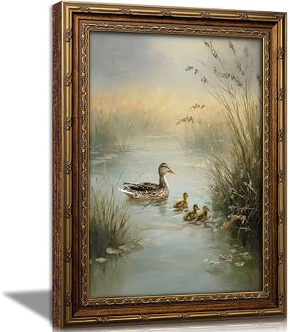 Vintage Gold Framed Duck Wall Art, Pond Ducks Oil Painting Canvas Print, Miniature Bird Wall Decor, Antique Animal Mallard Picture Poster, Rustic Farmhouse Artwork for Nursery Bedroom Living Room