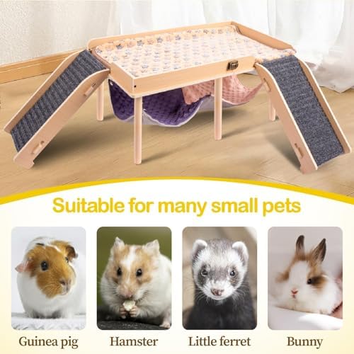 BESNEW Enlarged Guinea Pig Hammock with Platform and Stairs,Wooden Foldable Piggies Hideout for Guinea Pigs Bunny Ferret Hamster Hiding Sleeping Activities 24L x 12W x 11H in（Double）