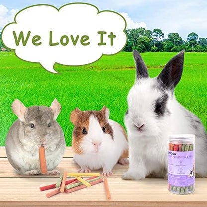ERKOON 80Pcs Rabbit Timothy Hay Sticks, Five Flavors：PurplePotato/TimothyHay/Pumpkin/Strawberry/Carrot，Suitable Guinea Pig, Hamste, Gerbil, Chinchilla Treats, Chew Toys for Teeth for Bunnies