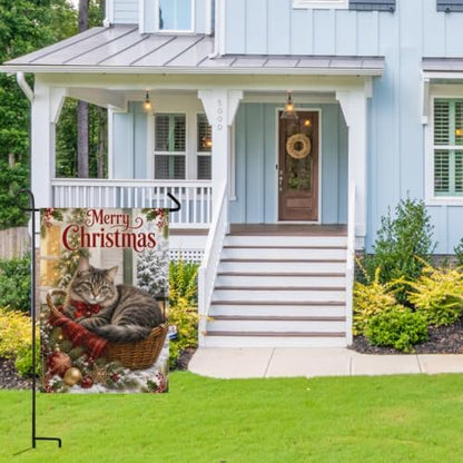Merry Christmas House Flag 28x40 Inch Tabby Cat Wicker Basket Red Bow Holly Ornament Snowy Vintage Cottage Outdoor Yard Lawn Front Porch Welcome Double Sided Banner Decor