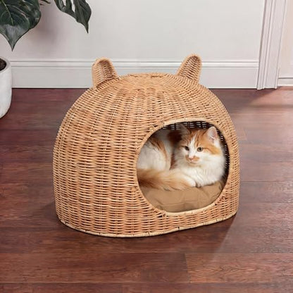 CBD1000B Cat Ear 20" x 14.5" Handwoven Water Hyacinth Pet Bed, Wicker Cat Hideaway Dome with Machine-Washable Cushion, Coastal Woven Pet House for Cats and Small Dogs, Light Brown