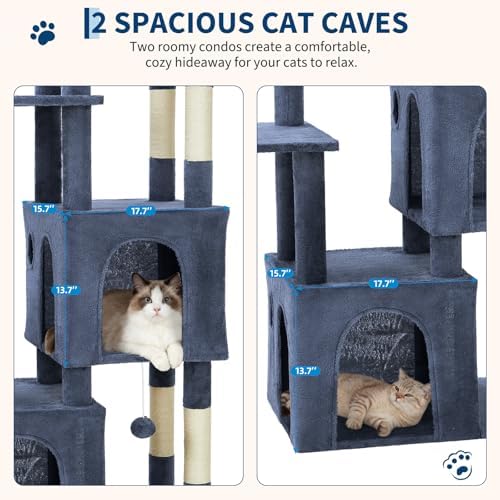 Takywep Blue 61" Heavy Duty Cat Tree, Multi-Level Sturdy Cat Tower,2 Spacious Cat Condos Natural Sisal Scratching Posts & Interactive Toys