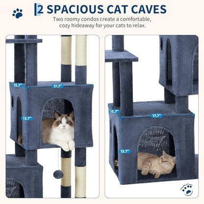 Takywep Blue 61" Heavy Duty Cat Tree, Multi-Level Sturdy Cat Tower,2 Spacious Cat Condos Natural Sisal Scratching Posts & Interactive Toys