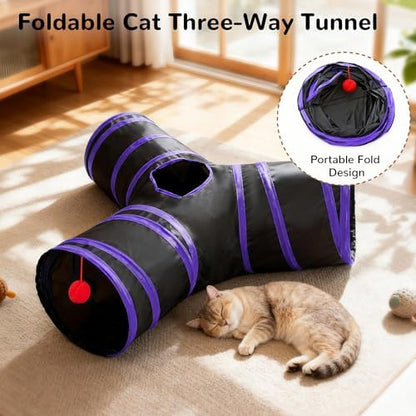 Tempcore Cat Tunnel, 3-Way Collapsible Toy for Indoor Cats, Black & Purple