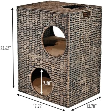 CHS1000B Jaxon 18" Modern Classic 2-Tier Handwoven Hyacinth Rectangular 5-Hole Cat Condo with 2 Machine-Washable Cushions, Brown