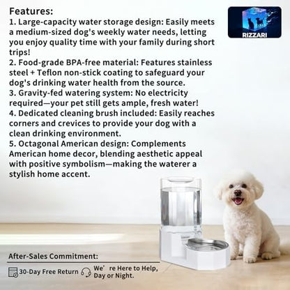 Sfozstra Dog Water Bowl Dispenser: 7L White Gravity Stainless Steel Bowl