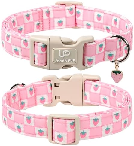 Spring Dog Collar, UP URARA PUP Strawberry Collars in Pink Checkered Adjustable Pet Collar with Quick Release, Daily Dog Accessories for Small Medium Large Dogs