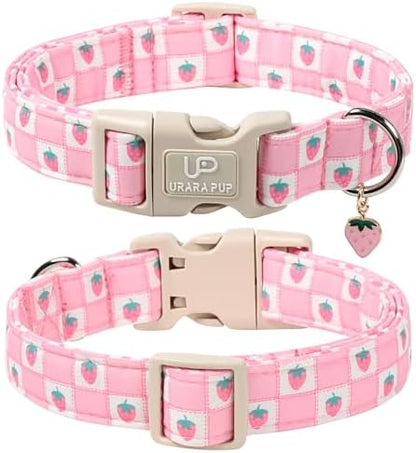 Spring Dog Collar, UP URARA PUP Strawberry Collars in Pink Checkered Adjustable Pet Collar with Quick Release, Daily Dog Accessories for Small Medium Large Dogs