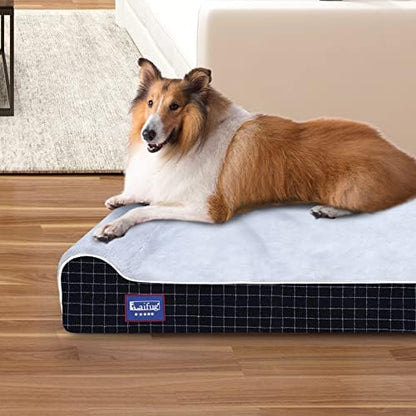Laifug Orthopedic Dog Beds for Large Dogs,7" Memory Foam Dog Beds,Durable Water Proof Liner Removable and Washable, Nonskid Bottom, Black Grid Grey 50"x36"x10"