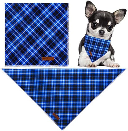 Christmas Dog Bandana, UP URARA PUP Blue Plaid Triangle Bid Scarf, Cotton Pet Kerchief for Girl Boy Dogs or Cats, Blue Winter Dog Bandana, Fancy for Puppy