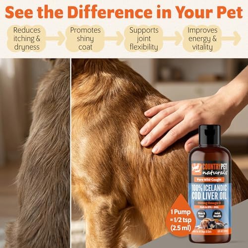 Wild-Caught Pure Icelandic Cod Liver Oil for Dogs & Cats 8oz, Single-Ingredient, 1150 mg Omega-3, High EPA/DHA, Natural Vits A&D, Supports Healthy Skin, Coat & Mobility, 8oz bottle