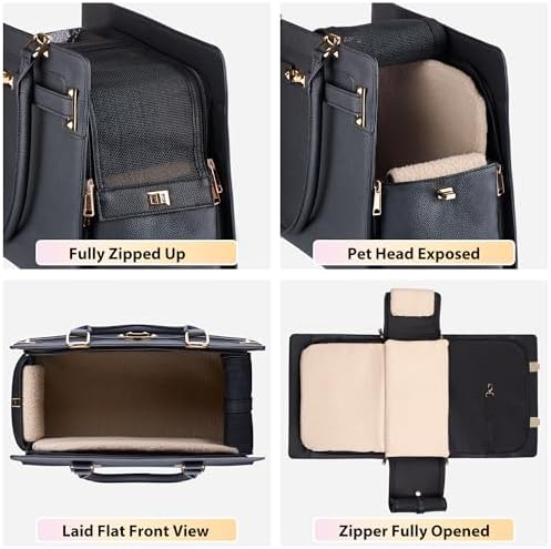 Dog Purse Carrier for Small Dogs, Stylish Foldable Pet Carrier Purse Tote Bag with Washable Cushion & Safety Leash, Airline Approved Puppy Travel Bag with Pockets (Black)
