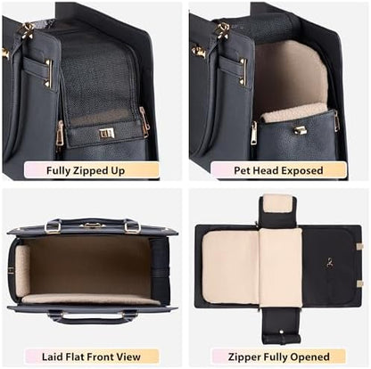 Dog Purse Carrier for Small Dogs, Stylish Foldable Pet Carrier Purse Tote Bag with Washable Cushion & Safety Leash, Airline Approved Puppy Travel Bag with Pockets (Black)