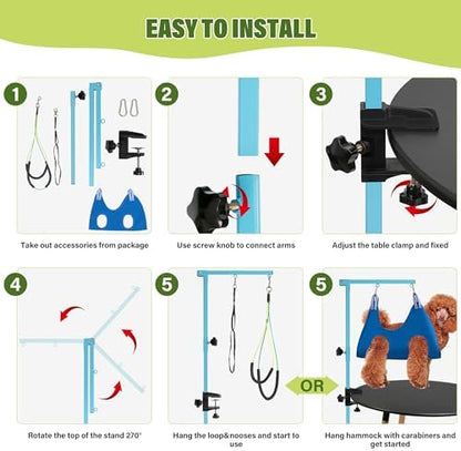 getlstub Dog Grooming Arm with Pet Grooming Hammock, 35" Pet Grooming Table Arm with Adjustable No Sit Haunch Holders, Dog Grooming Stand with Loop Noose for Small and Medium Pets, Blue
