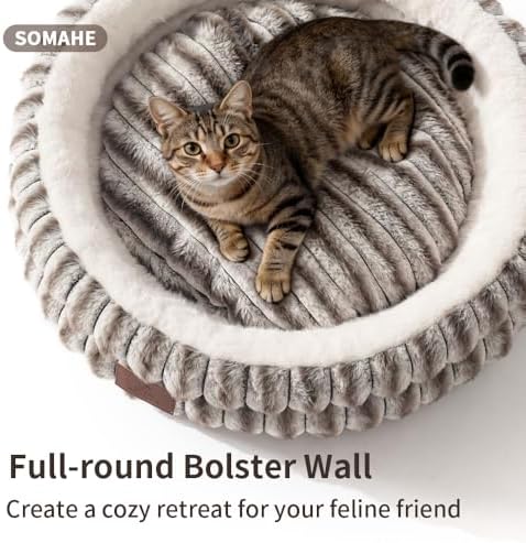 SOMAHE Cat Bed for Indoor Cats, Washable Round Plush, 20x20 Taupe Gray