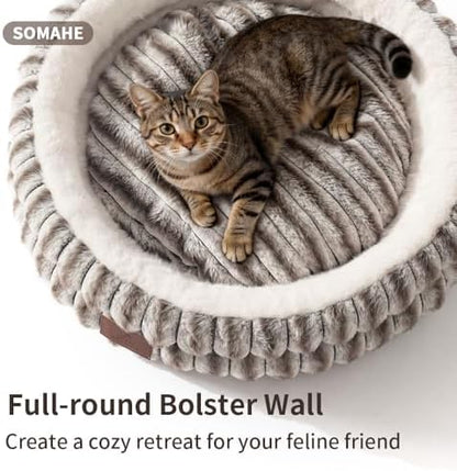 SOMAHE Cat Bed for Indoor Cats, Washable Round Plush, 20x20 Taupe Gray