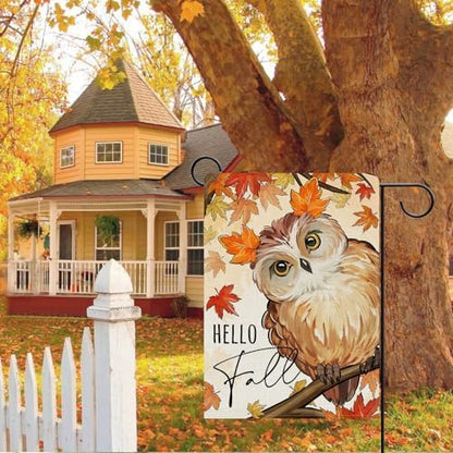 Dyrenson Hello Fall Owl Bird Decorative Garden Flag, Autumn Maple Leaves