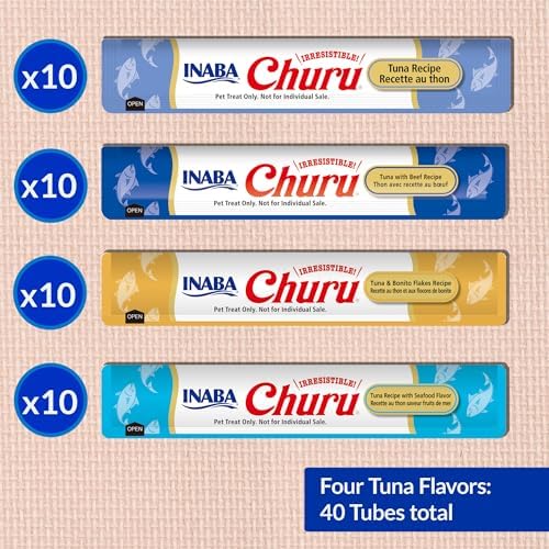 INABA Churu Cat Treats, Lickable, Squeezable Creamy Purée Cat Treat with Green Tea Extract & Taurine, 0.5 Ounces Each Tube, 40 Tubes, Tuna Variety Box