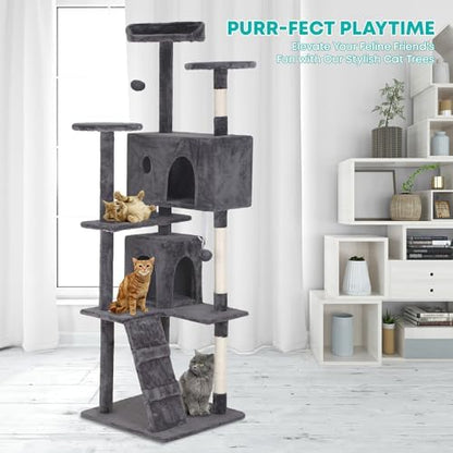FDW | 70" Cat Tree Tower | Light Gray | Multi-Level Indoor Activity Center with Sisal Scratching Posts, Condos, Plush Perches, Hanging Cat Toys | Sturdy, Easy to Assemble | for Kittens & Adult Cats