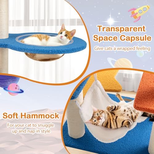PETSITE 49-inch Cat Tree for Indoor Cats, Space-Themed Multi-Level Cute Cat Tree Tower with Sisal Scratching Posts, UFO Top Perch, Space Capsule, Cloud & Star Platforms, Dangling & Spring Balls