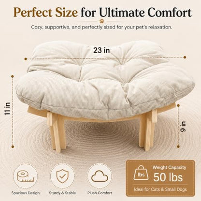 Elevated Cat Bed, Wooden Pet Sofa with Washable Cushion (Square / Beige)