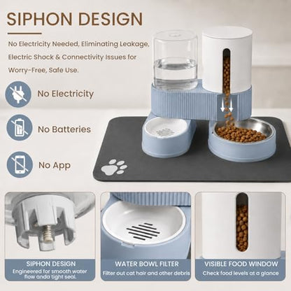 Gravity Cat Feeder 2 Pack Automatic Food Feeder Stainless Steel Water Dispenser Set 360 Degree Rotatable Pet Bowls with Silicone Mat for Cats Small Medium Dogs, Large Capacity(Blue)