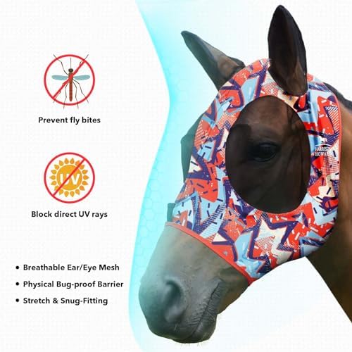 Harrison Howard Super Comfort Stretchy Fly Mask Large Eye Space with UV Protection Soft on Skin with Breathability Orange Geo Print Full Size