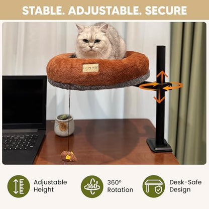 Cat Desk Bed - Sturdy Desk Mount for Office & Home, 360° & Height Adjustable Cat Bed for Desk Attachment, Supports 33 lbs, Dual Use Floor & Desk Nest, Washable Stylish Two-Tone Faux Fur