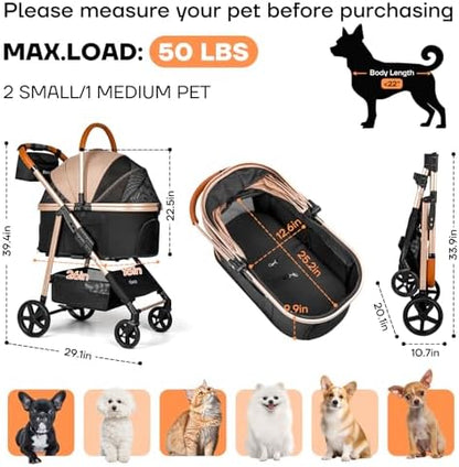 Dog Cat Stroller for Small/Medium Pets, 50 lbs, 3-in-1 Pet Stroller, Khaki