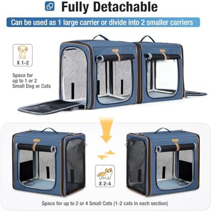Lekereise Large Cat Carrier for 2 Cats, 2-in-1 Cat Travel Carrier with Litter Box, (17.7" x2) x16.5"x13" Pet Carrier with Zipper Locks for Moving Across The Country (No Hammock) - Blue