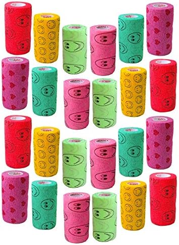 3 Inch Vet Wrap Tape Bulk (Smile Pattern in Yellow, Red, Teal, Neon Green, Neon Pink and Pink with Red Heart Pattern) (Pack of 24) Self Adhesive Adherent Adhering Flex Bandage Grip Roll Dog Cat