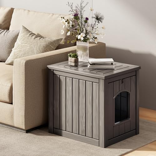 Cat Litter Box Enclosure, Resin Hidden Litter Box Furniture Side Table with Openable Front Door, Weatherproof Indoor & Outdoor Cat Litter Box Cabinet, Raised Floor, Easy to Clean & Assemble, Gray
