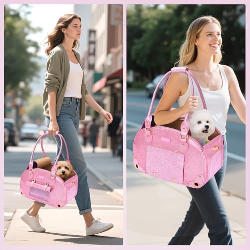 Dog Carrier Purse, Pet Carrier, Bling Waterproof Premium Leather Pet Travel Portable Bag Carrier for Cat and Small Dog Home & Outdoor Small Bling Pink