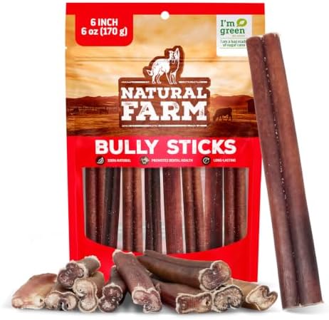 Natural Farm Odor-Free Bully Sticks (6 Inch, 6 Ounces), Packaged by Weight, 100% Beef Chews, Grass-Fed, Fully Digestible Treats to Keep Your Puppies, Small and Medium Dogs Busy
