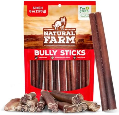 Natural Farm Odor-Free Bully Sticks (6 Inch, 6 Ounces), Packaged by Weight, 100% Beef Chews, Grass-Fed, Fully Digestible Treats to Keep Your Puppies, Small and Medium Dogs Busy