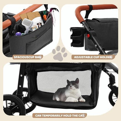 Dog Stroller for Small Pets, All-Terrain 4-Wheel Cat & Dog Carrier with 360° Front Wheels, Adjustable Handle & Canopy|Cup Holder & Storage Basket|Foldable in One Step|Ventilated Design for Comfort