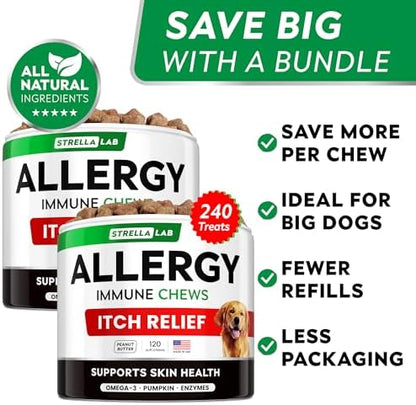 Dog Allergy & Itching Relief - Anti Itch, Skin&Coat Support Chews w/Omega 3
