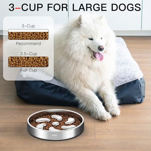 Feedoo Slow Feeder Dog Bowl-3Cups for Large Breeds, Double Wall Food-Grade Stainless Steel, Heavy Duty with Non-Slip Rubber Base, Puzzle Maze Bowl to Slow Down Eating [2Pack]