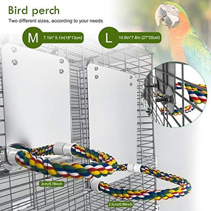 Stainless Steel Bird Cage Mirror, Parakeet Mirror with Rope Perch, 10.6 in