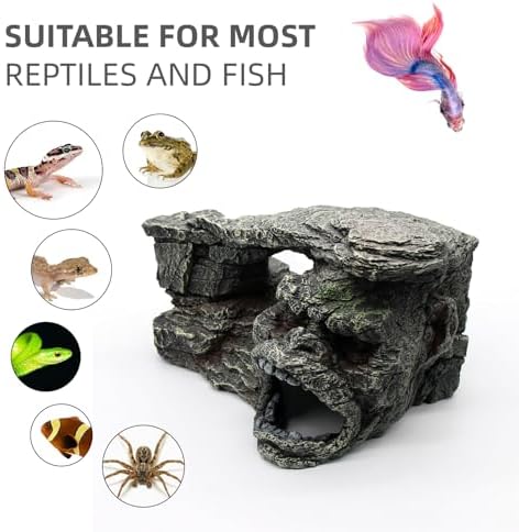 Gecko Hide Shale Scape Step Ledge, Reptile Rock Basking Platform Cave Hideout Tank Accessories Decorations, Great for Reptiles, Amphibians, Leopard Gecko, Snake, Lizard, Frogs, Turtle