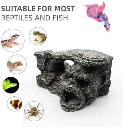 Gecko Hide Shale Scape Step Ledge, Reptile Rock Basking Platform Cave Hideout Tank Accessories Decorations, Great for Reptiles, Amphibians, Leopard Gecko, Snake, Lizard, Frogs, Turtle