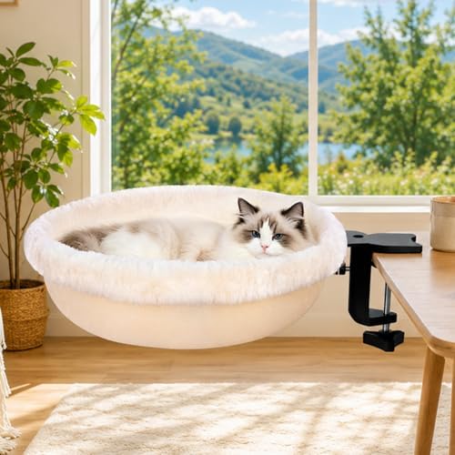 Cat Desk Bed Clamp On, 360 Swivel Faux Fur Perch, Beige
