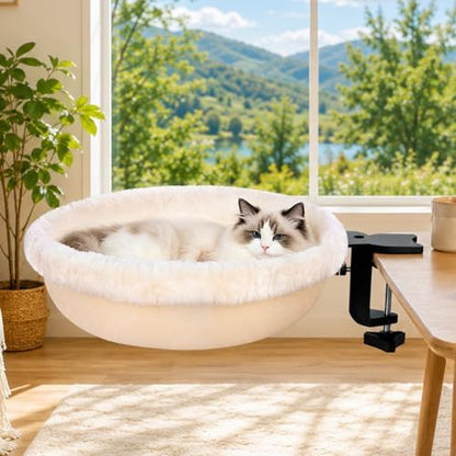 Cat Desk Bed Clamp On, 360 Swivel Faux Fur Perch, Beige