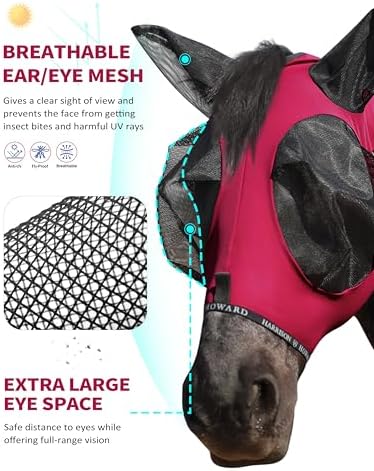 Harrison Howard Horse Fly Mask with Forelock Opening Stretch Breathable and Comfortable for Horses UV -Protection Burgundy M