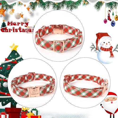 Christmas Dog Collar for Large Dogs - Christmas Red Green Plaid Dog Collars, Adjustable Heavy Duty Pet Winter Holiday Collar with Metal Buckle L