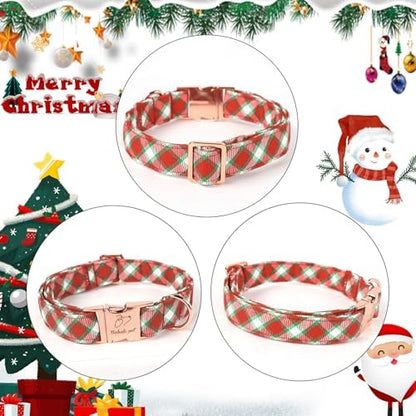 Christmas Dog Collar for Large Dogs - Christmas Red Green Plaid Dog Collars, Adjustable Heavy Duty Pet Winter Holiday Collar with Metal Buckle L
