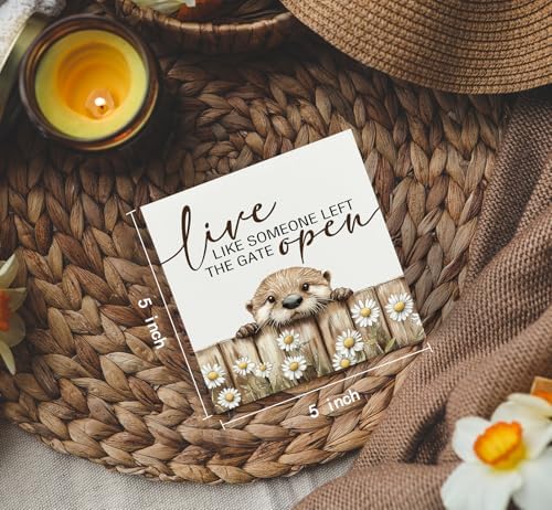 Funny Otter Wooden Box Sign -Rustic Farmhouse Live Like Someone Left the Gate Open Signs for Home Decor, Farm Cottagecore Animal Office Kitchen Bedroom Decor, Otter Gifts for Women, 5x5