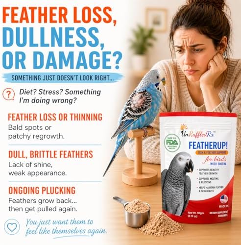 UnRuffledRx FeatherUp! Bird Molting Support & Feather Growth Supplement - for Plucking, Regrowth & Molt - Multivitamin & Amino Acids for All Birds - 90g (240 Servings)