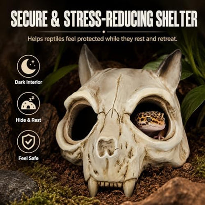 Reptile Hide Cave, Fox Skull Design, Resin Hideout for Leopard Gecko, Snake & Lizard, Multi-Entry Terrarium Shelter,5.31“ × 5.83” × 6.1"(Fox Skull)